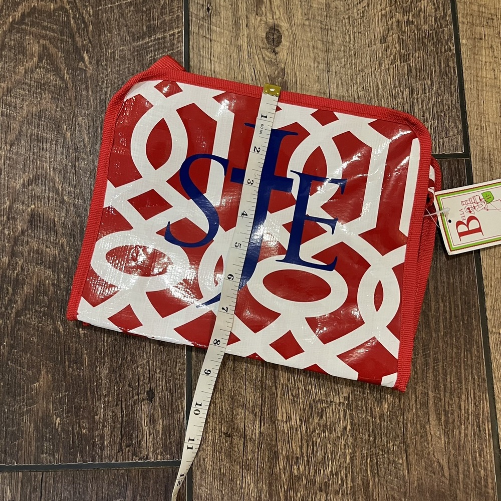 SJE Monogram Christian Cross Red Geo Lattice Cosmetic Toilette Travel Bag NWT - Picture 7 of 8